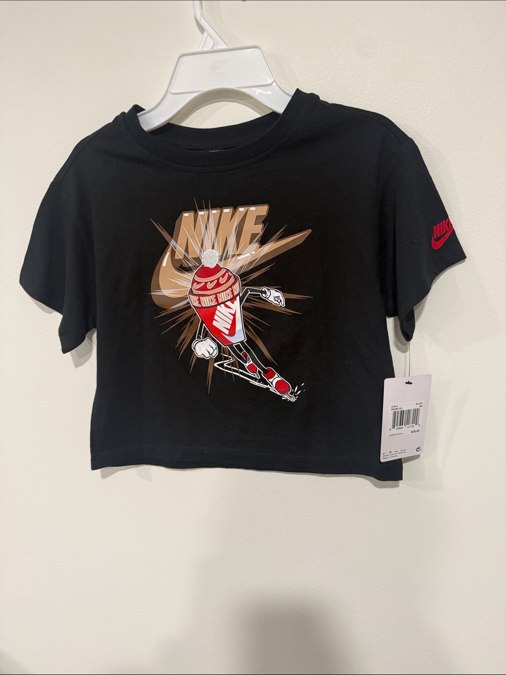 Nike Black Graphic Crop Tee with Red & Gold Accent